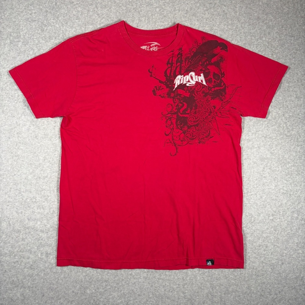 Y2K Rip Curl T-Shirt Men's Surf Skull Graphic Tee Size XL Red Grunge